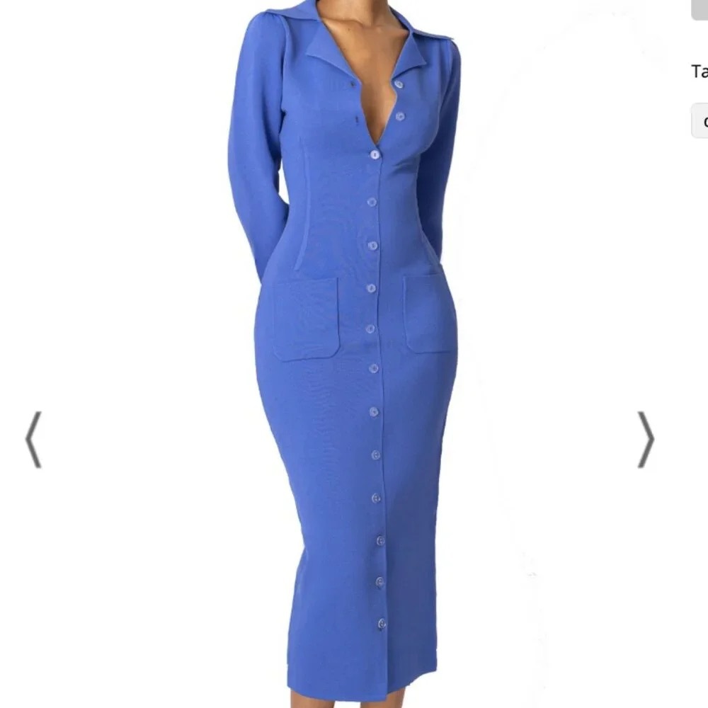 NWT Hanifa Size S Cheri II Long Sleeve Button Front Midi Dress Dark Powder Blue